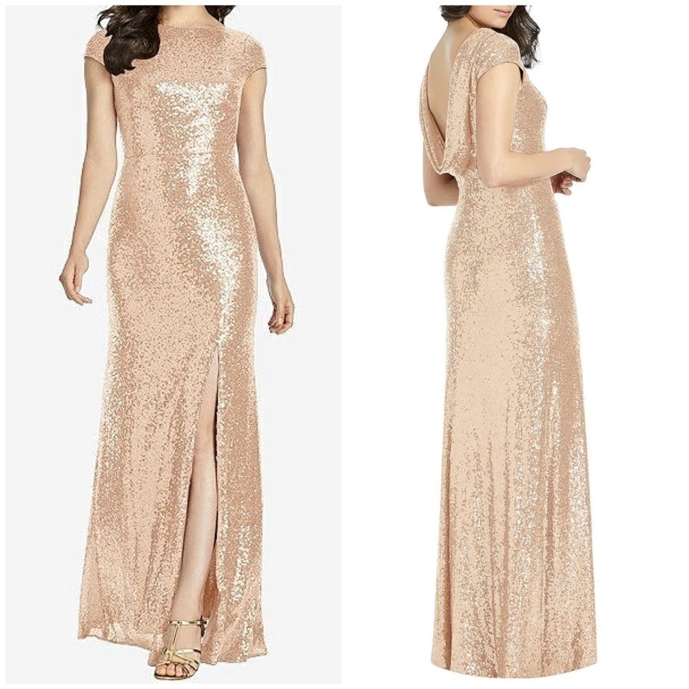 NWT Dessy Collection Cap Sleeve Cowl Back Sequin Gown With Front Slit 3043 Sz 14